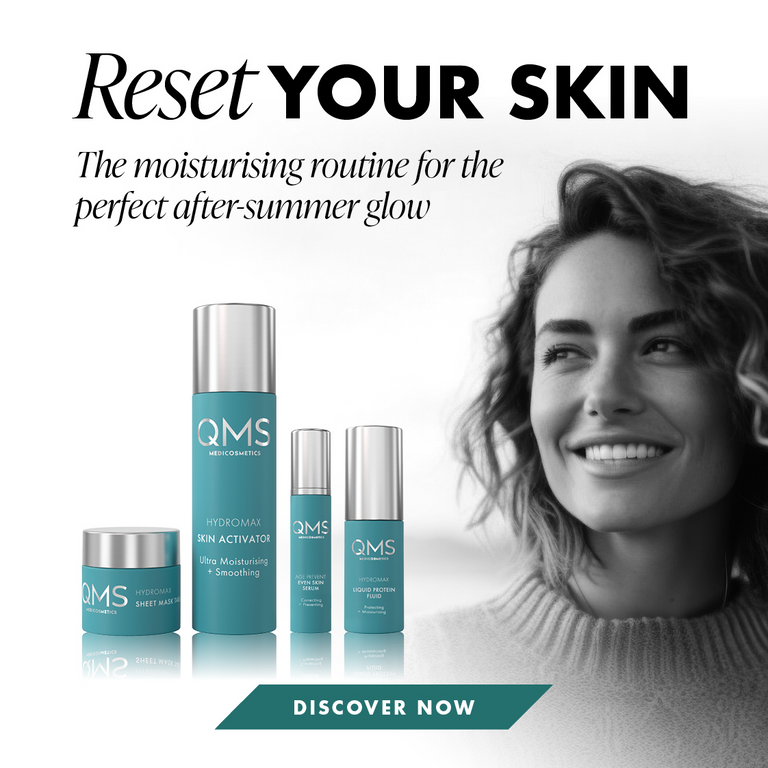 QMS Medicosmetics Hydromax Skin Activator, Sheet Mask, Even Skin Serum, and Liquid Protein Fluid featured alongside smiling woman with tagline 'Reset Your Skin.