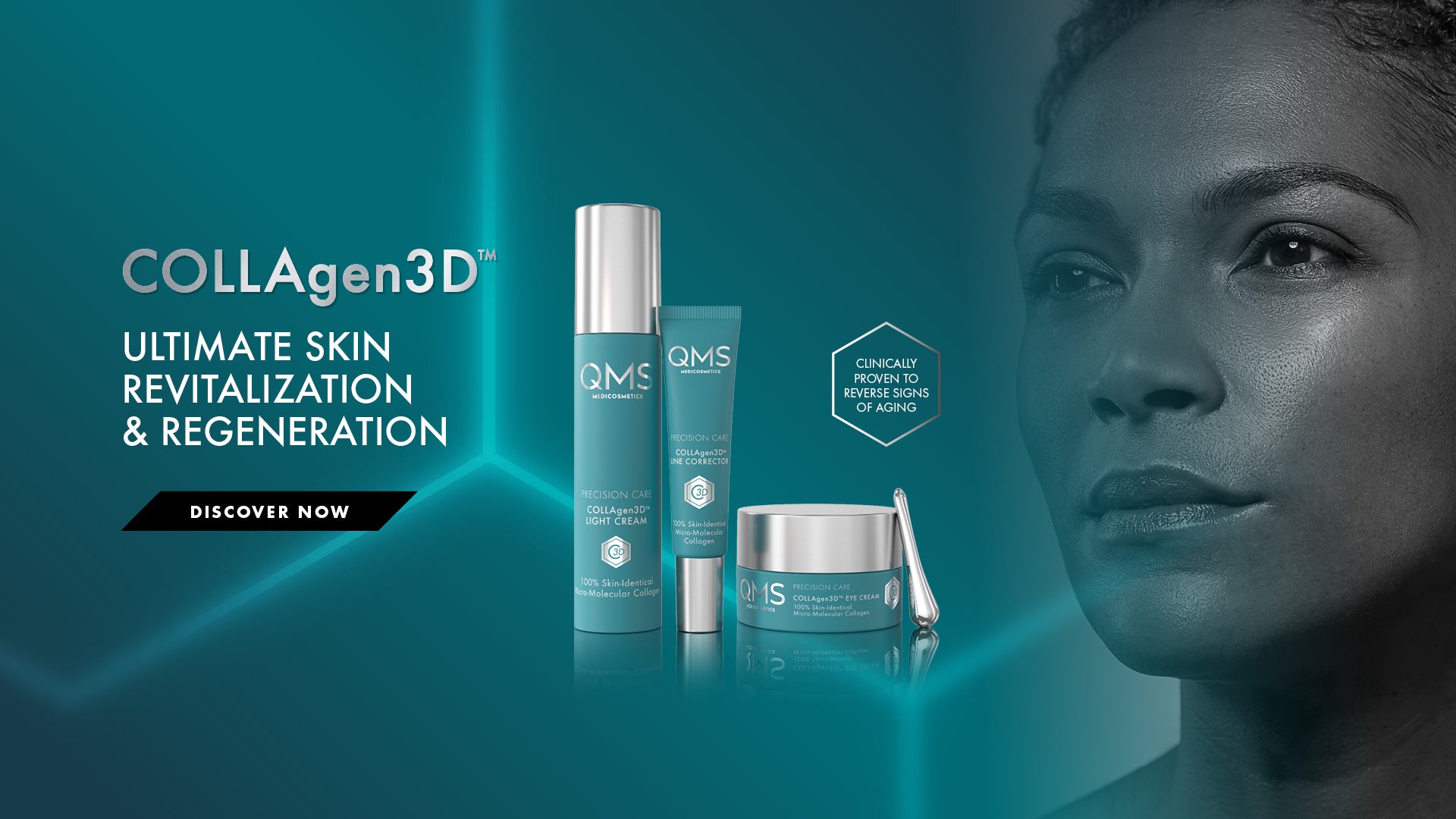 QMS Medicosmetics COLLAgen3D skincare products with light cream, line corrector, and eye cream jar beside a grayscale portrait of a woman. Text reads: ultimate revitalization and regeneration of the skin, clinically proven anti-aging effect.