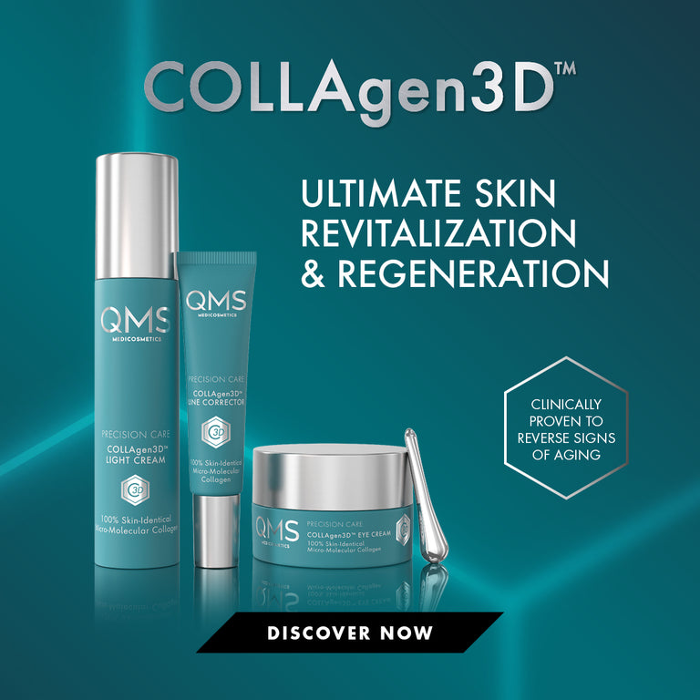 QMS Medicosmetics COLLAgen3D skincare products with light cream, line corrector, and eye cream jar beside a grayscale portrait of a woman. Text reads: ultimate revitalization and regeneration of the skin, clinically proven anti-aging effect.