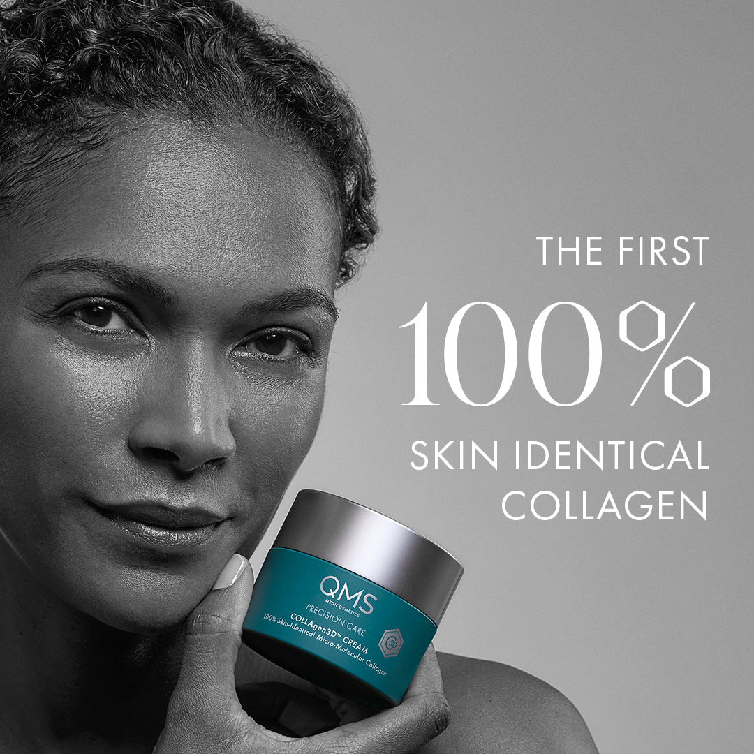 Portrait of a woman holding QMS Medicosmetics COLLAgen3D cream jar. Promotional text reads: The first 100% skin-identical collagen.